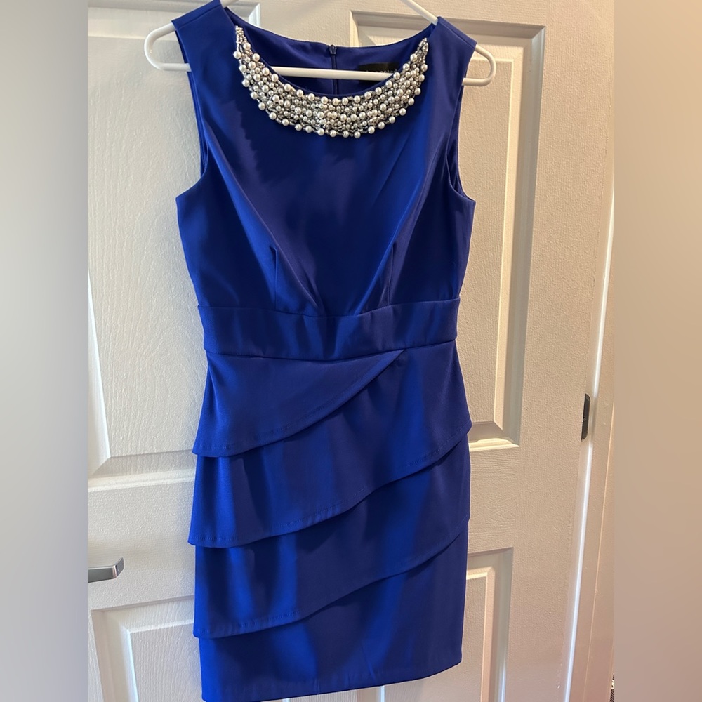 SOLD Blue dress with pearl statement collar